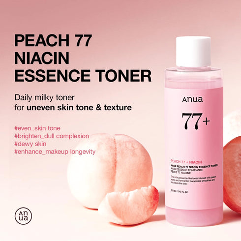 Descoperă beneficiile niacinamidei și extractului de piersică în tonicul esențial Anua Peach 77. Hidratează, calmează și uniformizează culoarea pielii în profunzime.